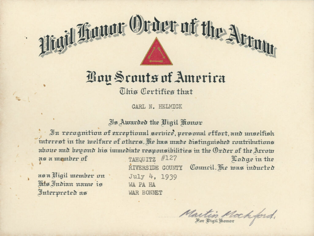 Carl N. Helmick Vigil Honor Certificate