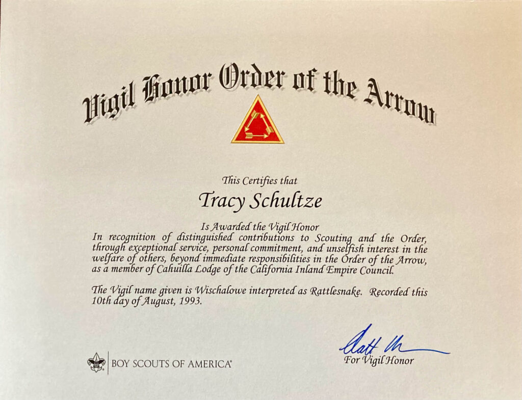 Cahuilla Lodge 1993 - Tracy Schultze Vigil Honor Certificate