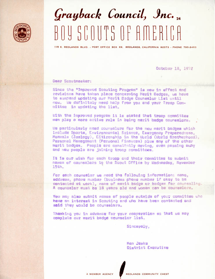 1972 Merit Badge Letter From Ken Jeske