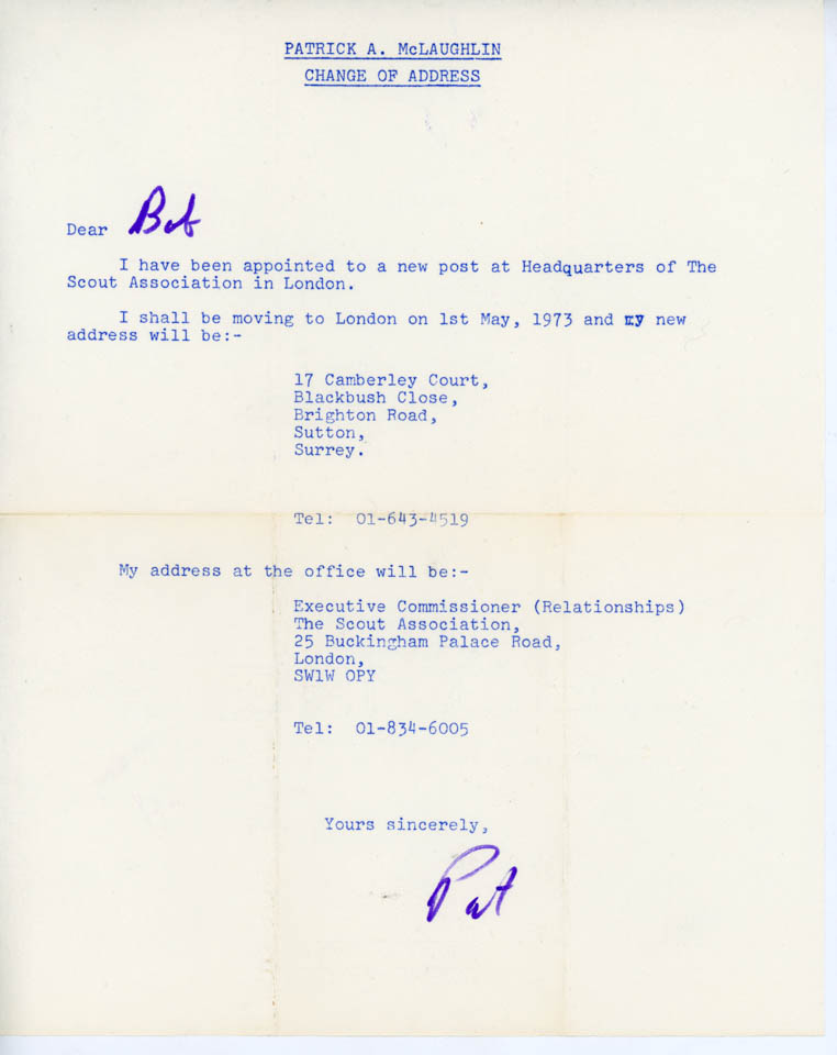 1973 Letter From Patrick McLaughlin to Robert Lindboe