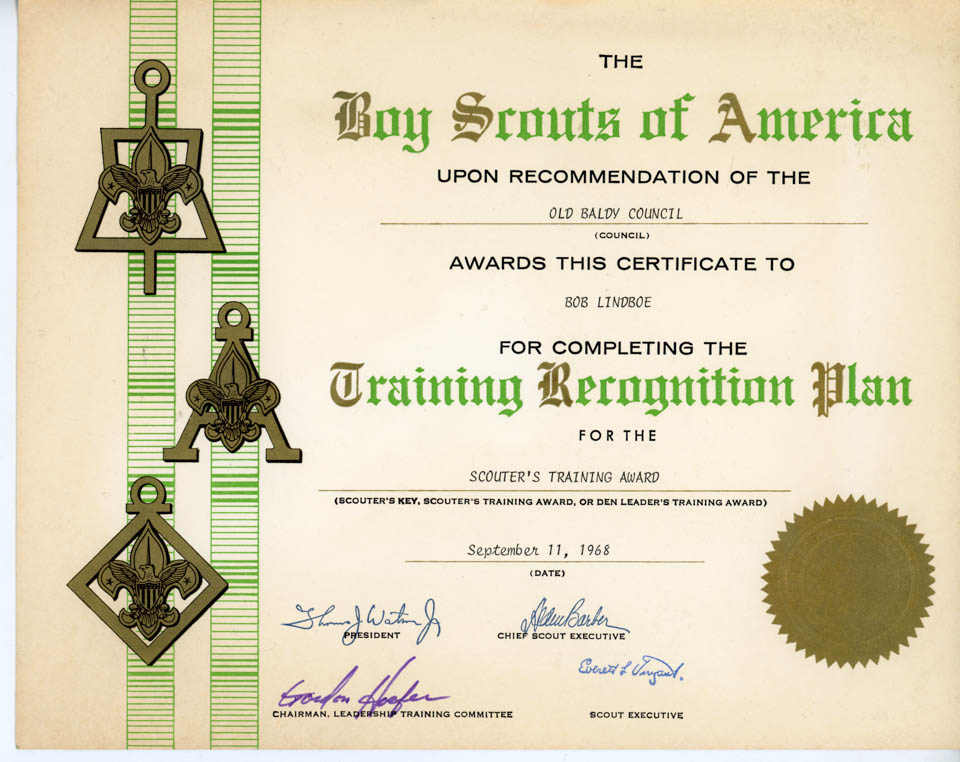 1968 - Scouter's Training Award Certificate to Robert Lindboe