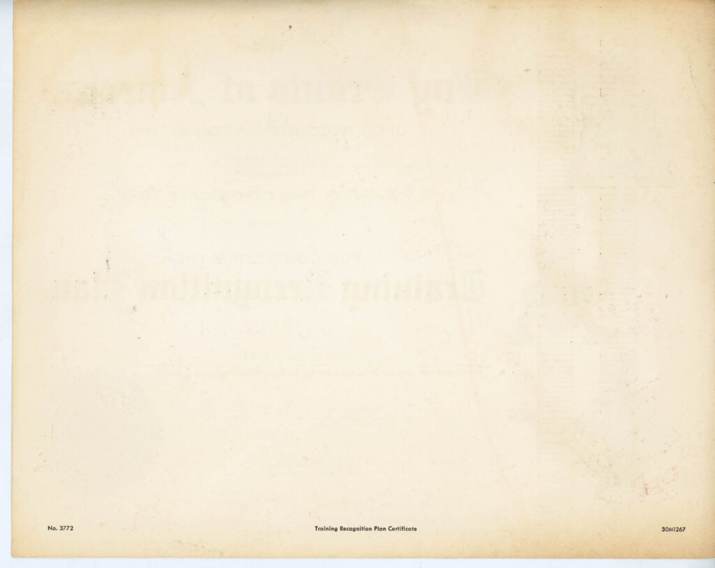 1968 - Reverse of Training Recognition Plan Certificate